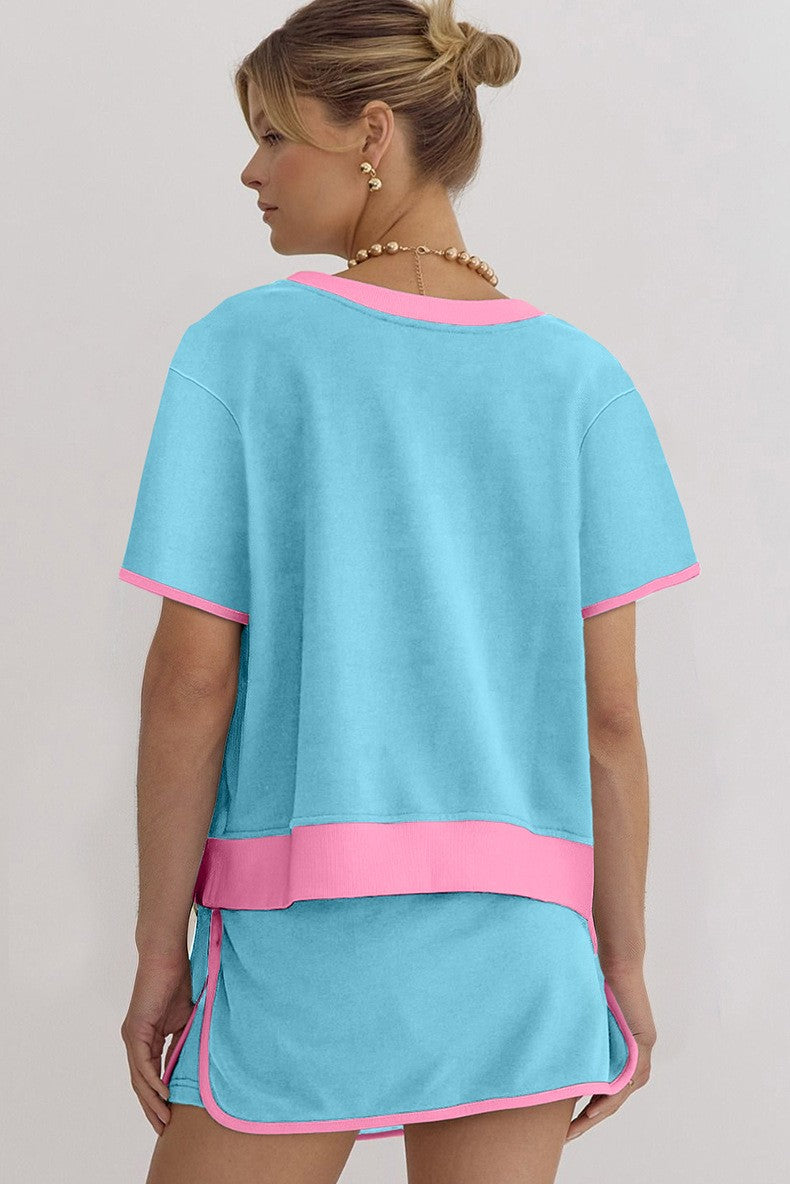 ✨Women's Colorblock Edge Drop Shoulder T Shirt Skort 2Pcs Set
