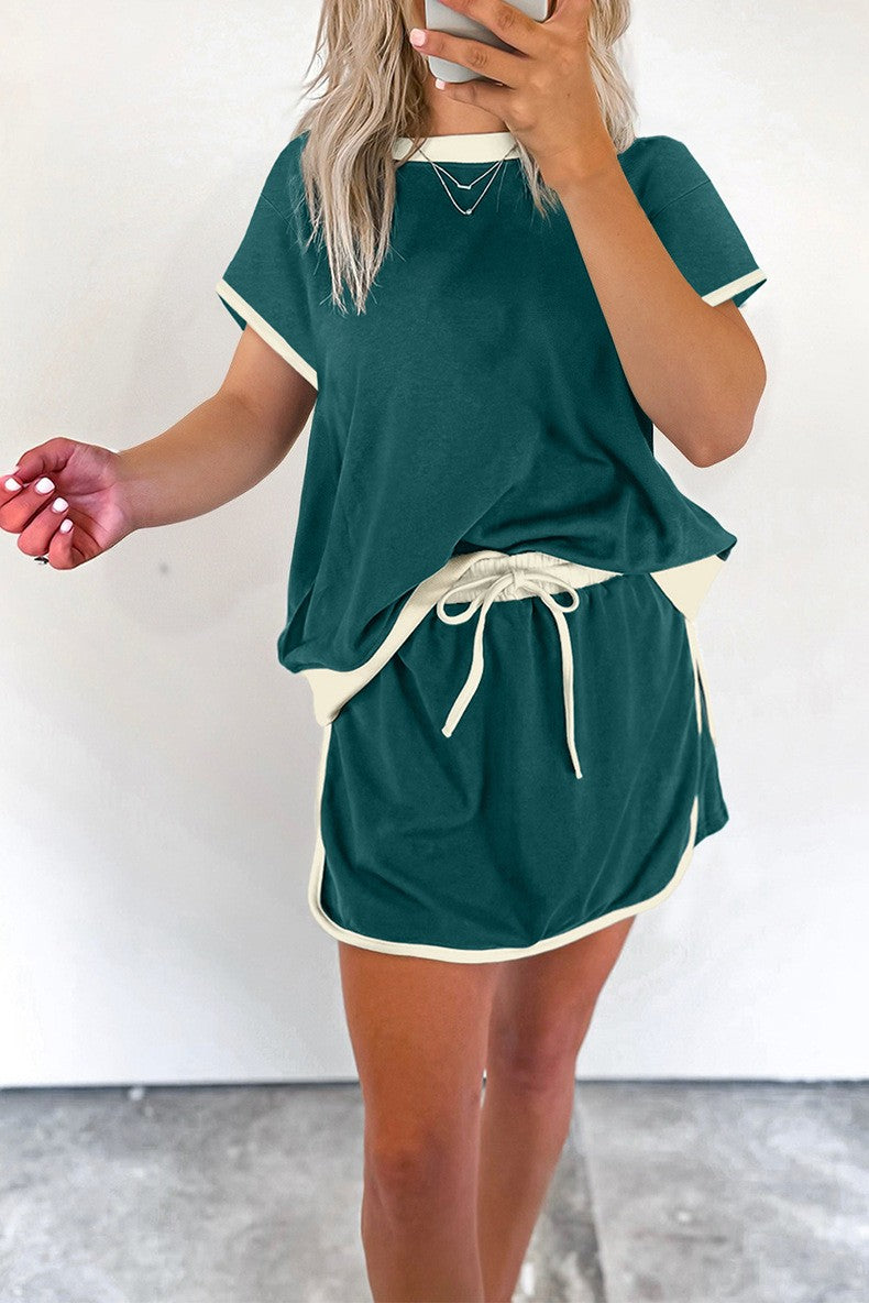 ✨Women's Colorblock Edge Drop Shoulder T Shirt Skort 2Pcs Set