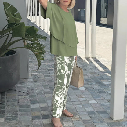Trendy Green Print 3/4 Sleeve Two Piece Set