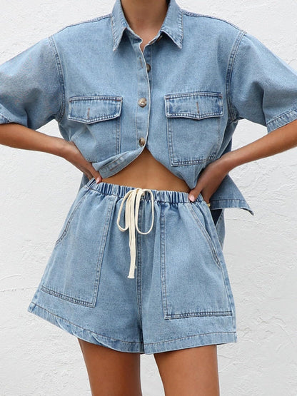 Women's wash denim shirt & shorts two-piece set