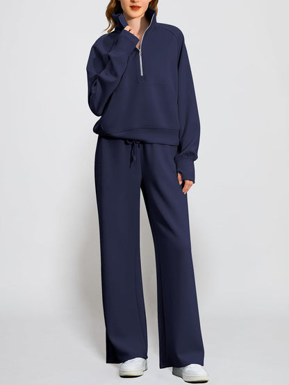 Women's Oversized Half Zip Wide Leg 2 Piece Outfits Lounge Set