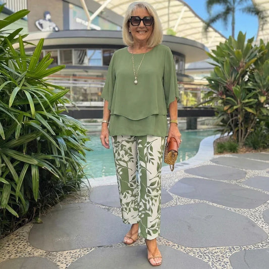 Trendy Green Print 3/4 Sleeve Two Piece Set