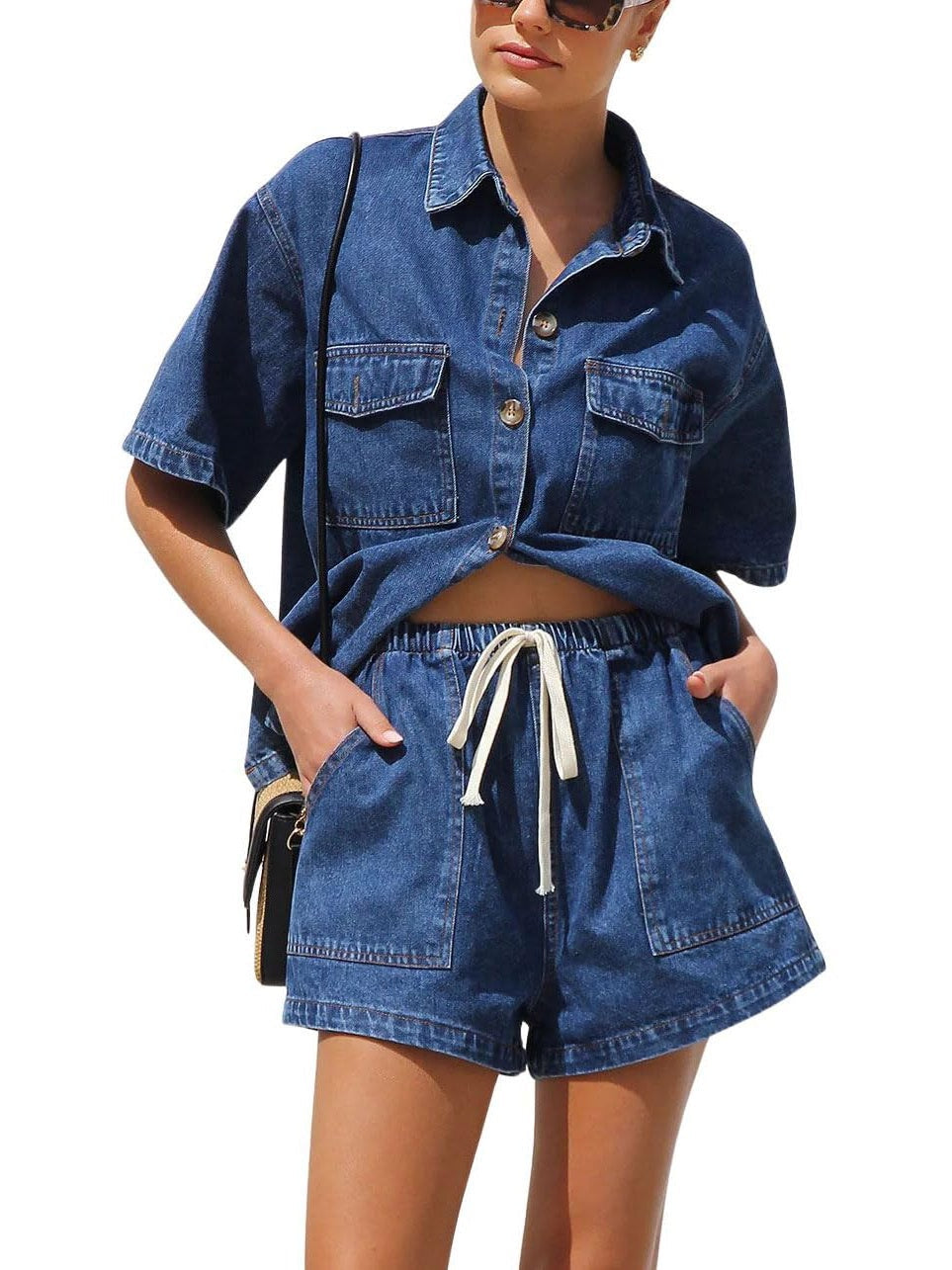 Women's wash denim shirt & shorts two-piece set