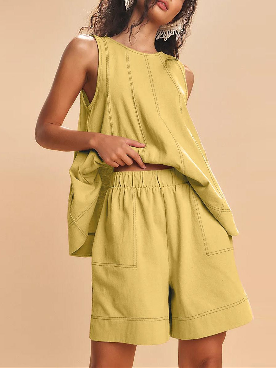 Women's Contrast Stitch 2-Piece Outfit, Sleeveless Tank Top & High Waist Shorts Set