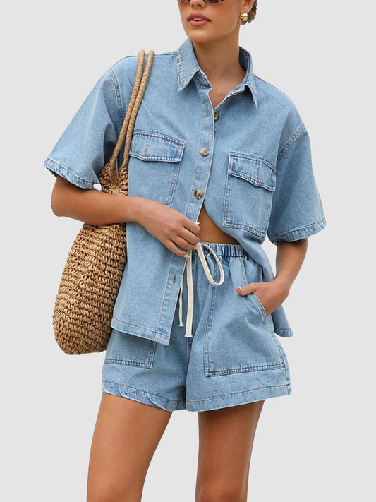 Women's wash denim shirt & shorts two-piece set