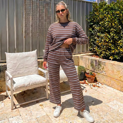 Women Casual Horizontal Stripe Crew Neck Elastic Waist Shorts Or Long Pants Loungewear Set