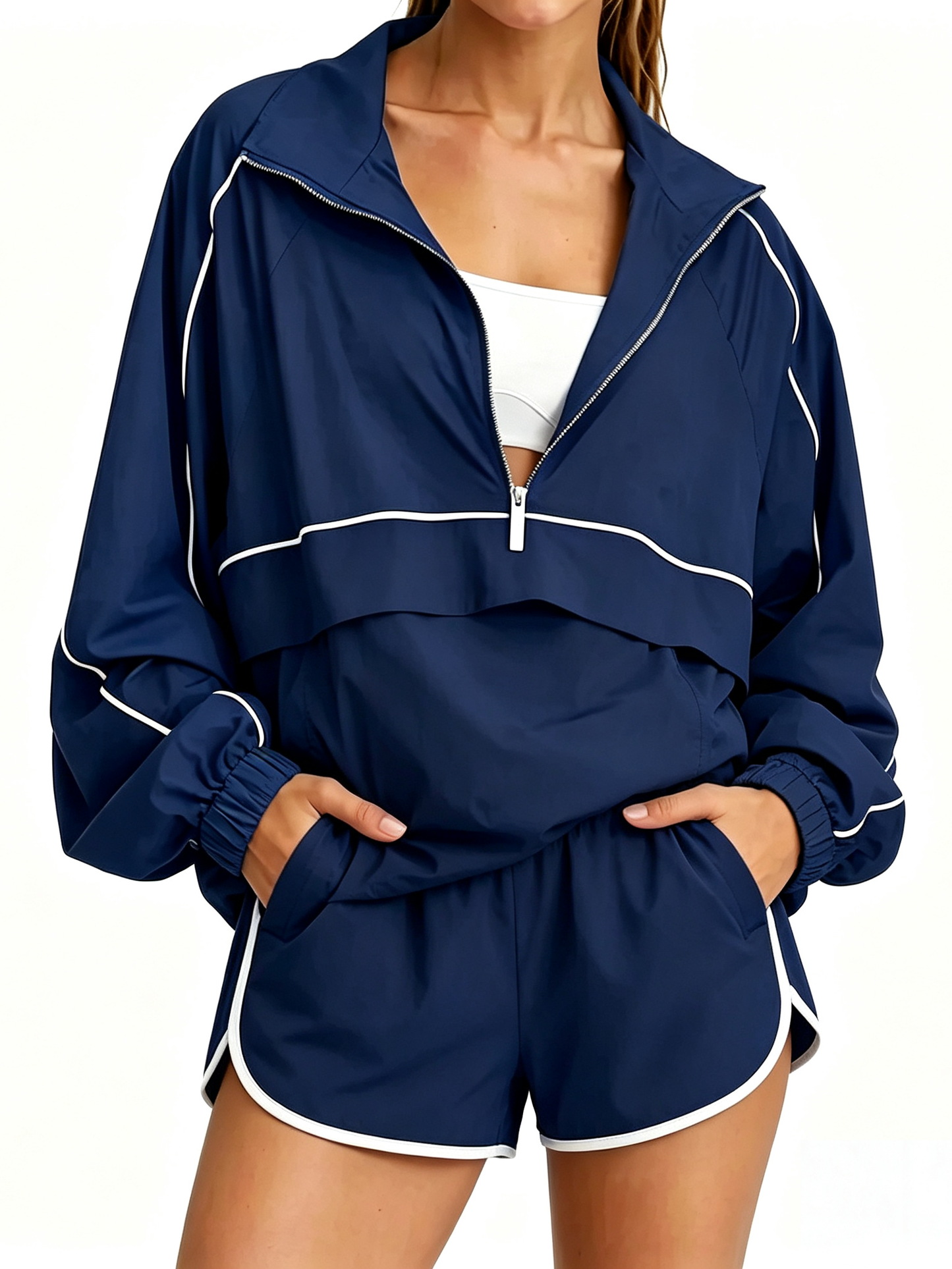 Women's Quarter Zip Loose-fitting Sports Jacket and Shorts Set