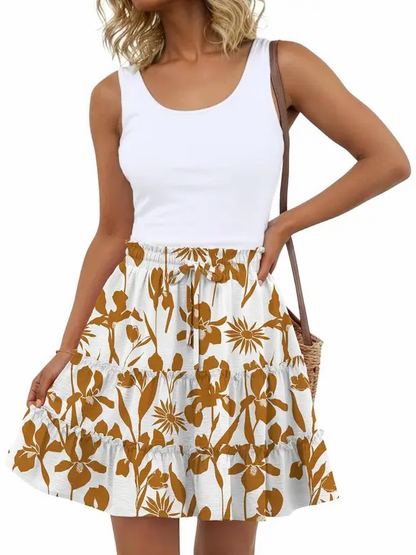 Women Flowy Skorts Built-in Shorts Floral Ruffle Tiered Skirts with Pockets