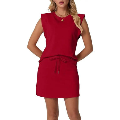 New Women's Cap Sleeve Crewneck Tops and Drawstring Short Outfits Two Piece Sets
