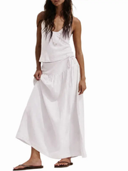Women Backless Halter 2 Piece Set, Drawstring High Waist Flowy Maxi Skirt Co-ord