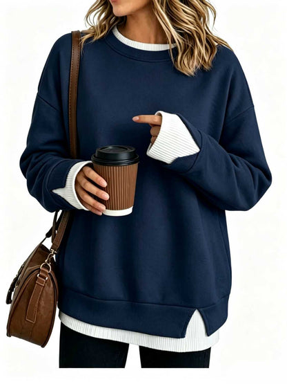 ⏰Hot Sale-Women's Crew Neck Fake Two Piece Layered Sweatshirt