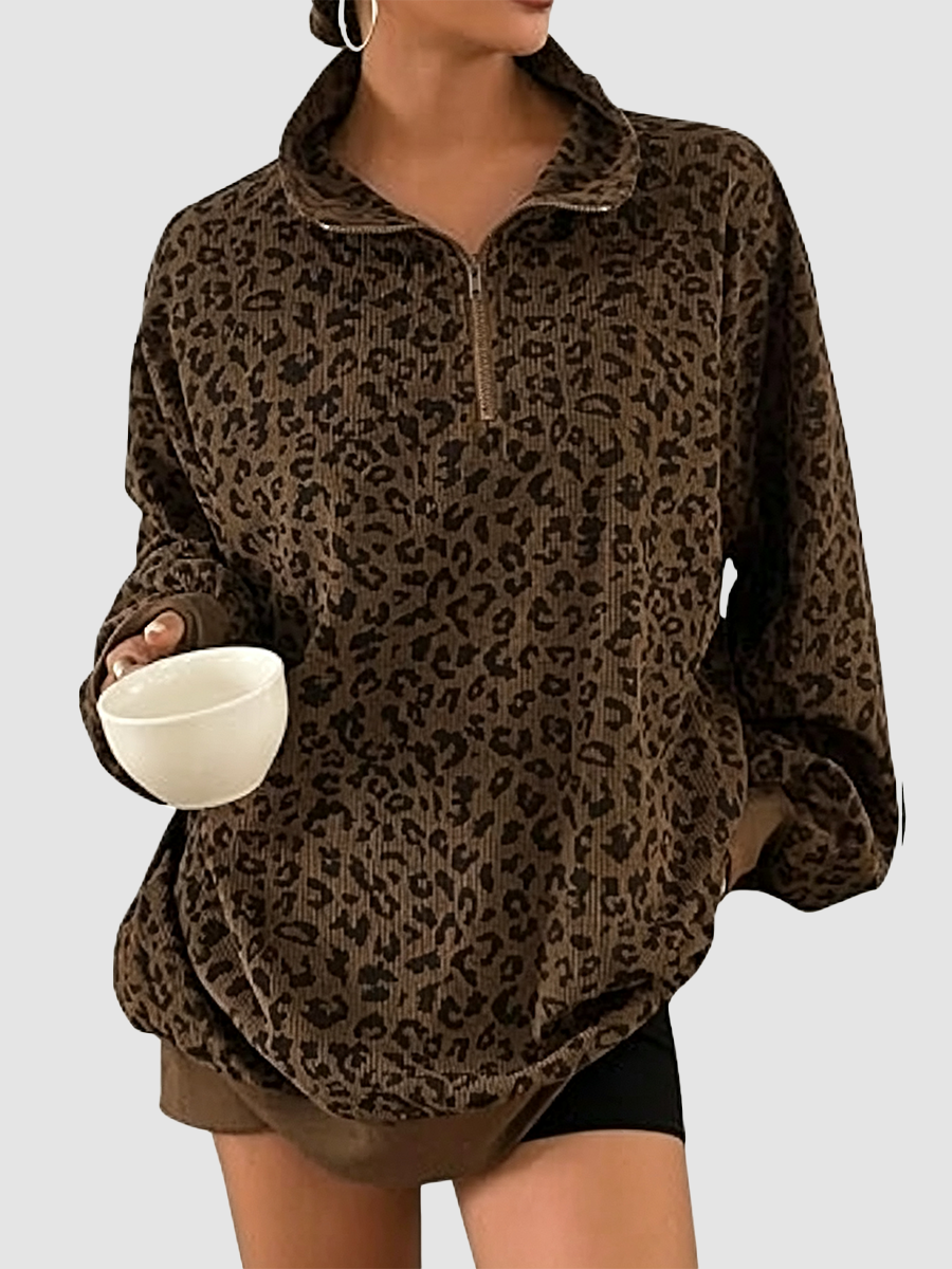 Women Half Zip Leopard Print Oversized Drop Shoulder Pullover