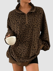 Women Half Zip Leopard Print Oversized Drop Shoulder Pullover