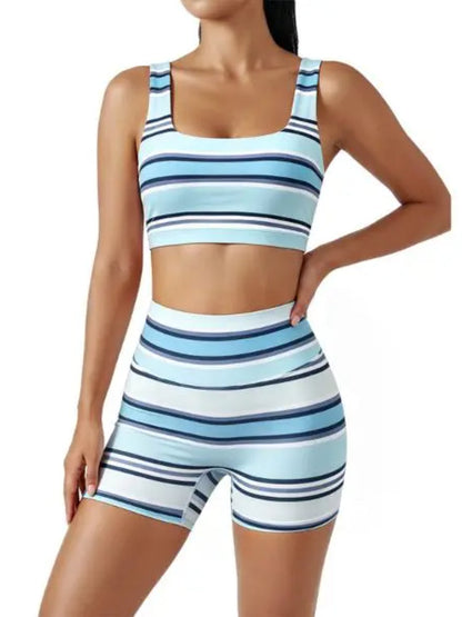 Women’s Rainbow Stripe 2 Piece Workout Set Tank Top High Shorts Matching