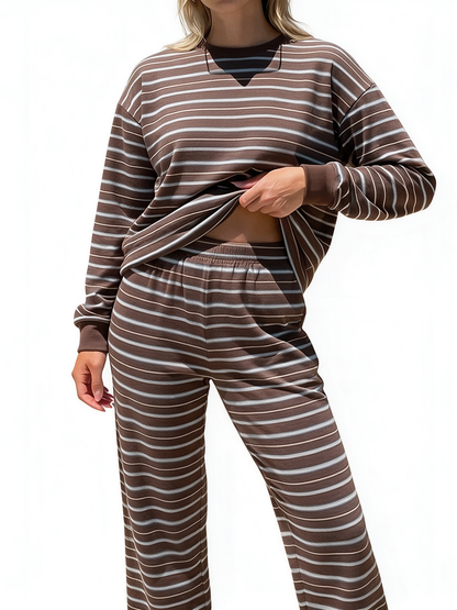 Women Casual Horizontal Stripe Crew Neck Elastic Waist Shorts Or Long Pants Loungewear Set