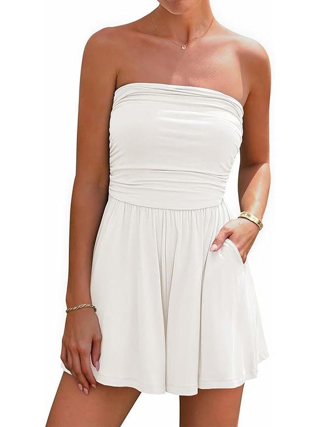 ⏰Hot Sale-Womens Strapless Tube Beach Vacation Romper with Pockets