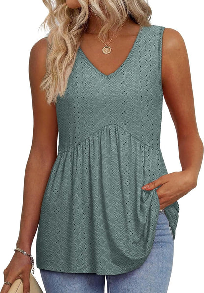 ⏰Hot Sale-Women's Print Flowy Sleeveless V Neck Peplum Tank Tops