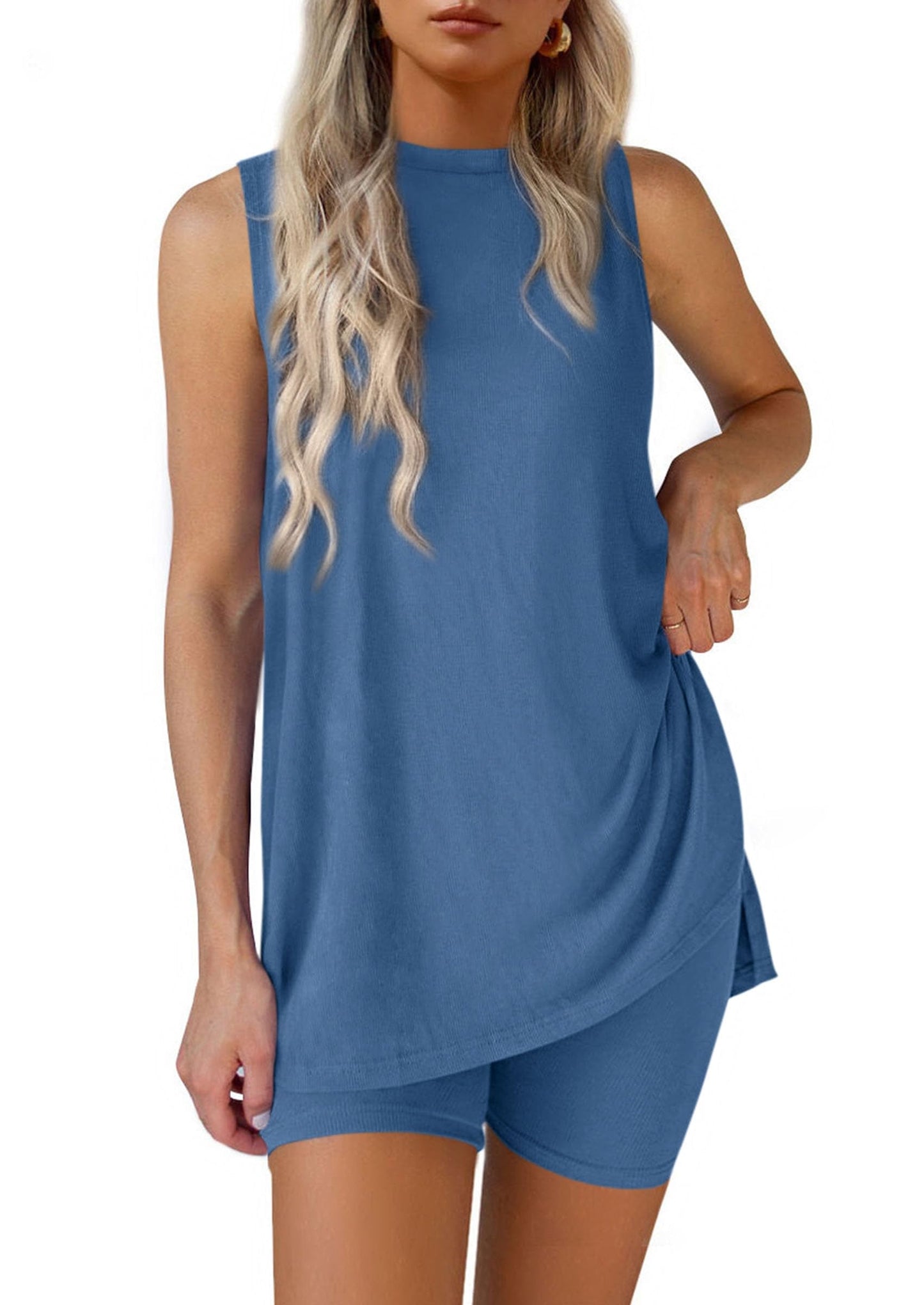 Women Summer Matching 2 Piece Outfit Split Hem Top & Shorts Set