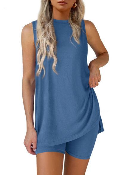 Women Summer Matching 2 Piece Outfit Split Hem Top & Shorts Set