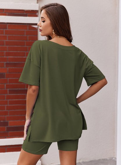 Womens Reversible Oversized V Neck T-Shirts Tops Biker Shorts Set