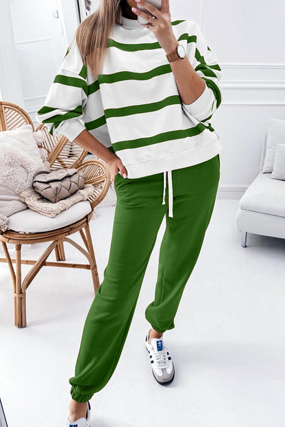 Limited time sale🔥Women's Stripe Drop Shoulder Pullover and Jogger Pants Set