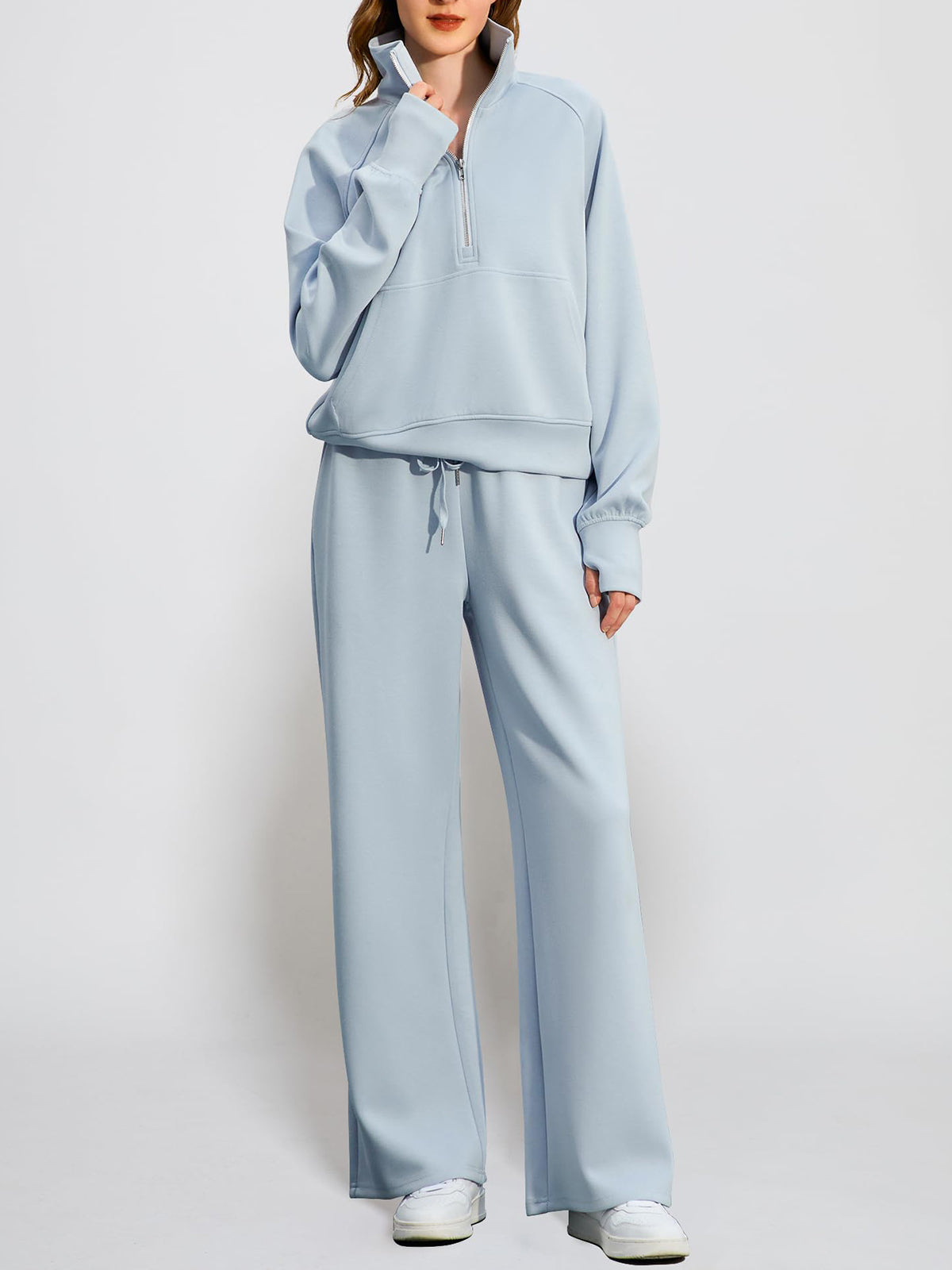 Women's Oversized Half Zip Wide Leg 2 Piece Outfits Lounge Set