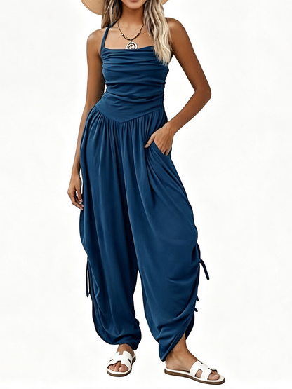 Women Halter Square Neck Sleeveless Ruched Barrel Wide Leg Side Cinch Jumpsuit