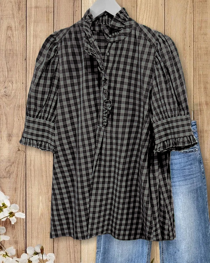 Women's Plaid Top Ruffles Trim Puff Sleeve Blouse