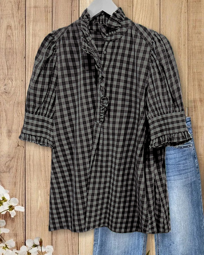 Women's Plaid Top Ruffles Trim Puff Sleeve Blouse