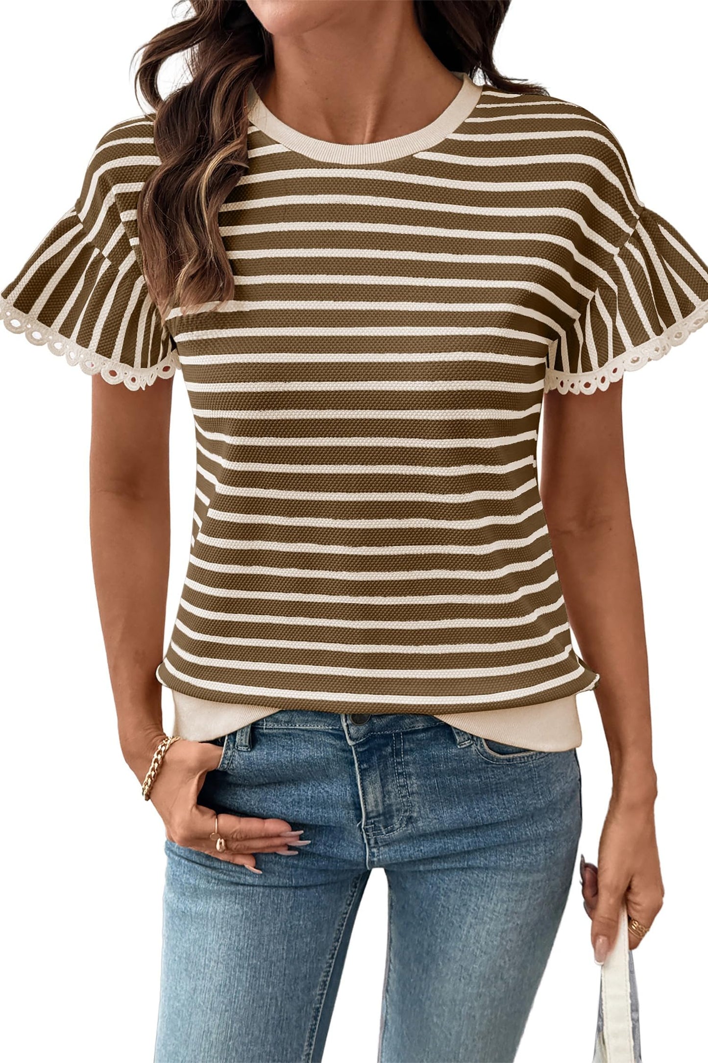 Limited time sale🔥Women's Knit Striped Color Block Ruffled Short Sleeve Top