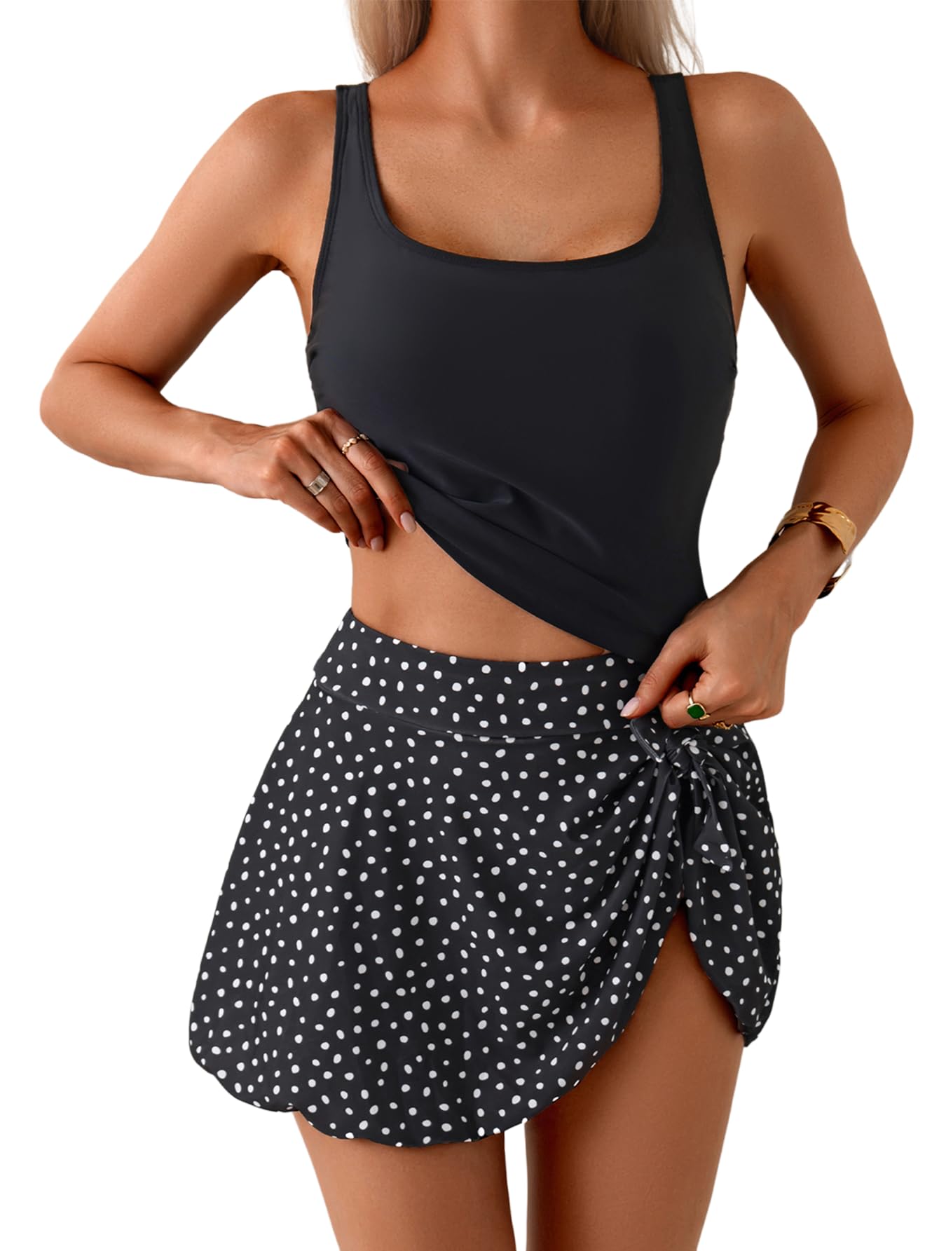 Women's Tummy Control Two Piece Swimsuit High Waisted Tank Top with Swim Skirt