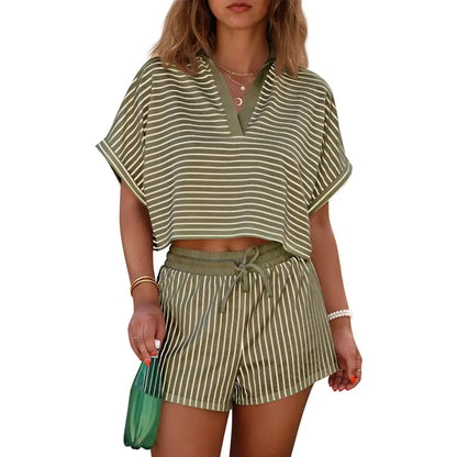 Women's striped two-piece short suit, summer short-sleeved collared V-neck crop top