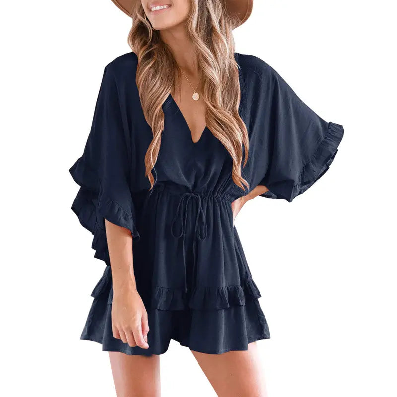 Women's V-neck jumpsuit with ruffled drawstring waist shorts