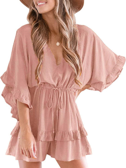 Women's V-neck jumpsuit with ruffled drawstring waist shorts