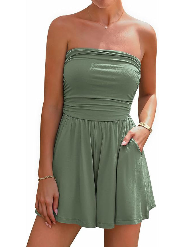 ⏰Hot Sale-Womens Strapless Tube Beach Vacation Romper with Pockets