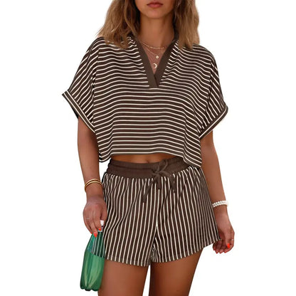 Women's striped two-piece short suit, summer short-sleeved collared V-neck crop top