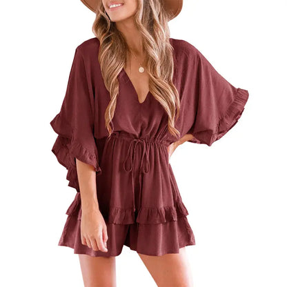 Women's V-neck jumpsuit with ruffled drawstring waist shorts