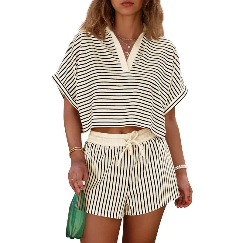 Women's striped two-piece short suit, summer short-sleeved collared V-neck crop top