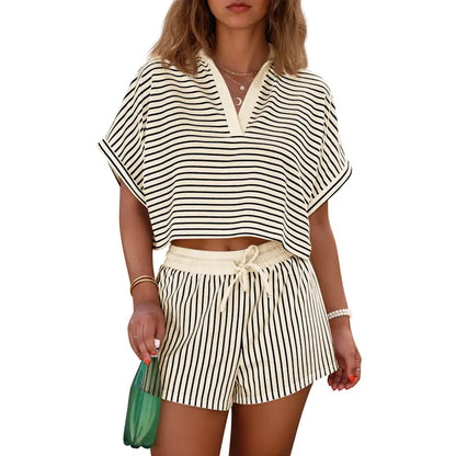 Women's striped two-piece short suit, summer short-sleeved collared V-neck crop top