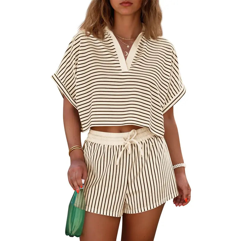 Women's striped two-piece short suit, summer short-sleeved collared V-neck crop top