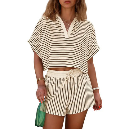 Women's striped two-piece short suit, summer short-sleeved collared V-neck crop top