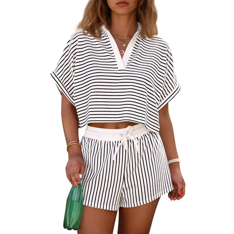 Women's striped two-piece short suit, summer short-sleeved collared V-neck crop top