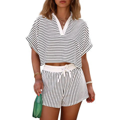 Women's striped two-piece short suit, summer short-sleeved collared V-neck crop top