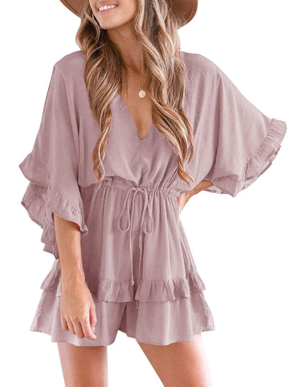 Women's V-neck jumpsuit with ruffled drawstring waist shorts