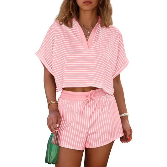 Women's striped two-piece short suit, summer short-sleeved collared V-neck crop top