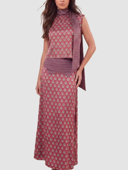 Women's Tie Neck Satin Print 2 Piece Set
