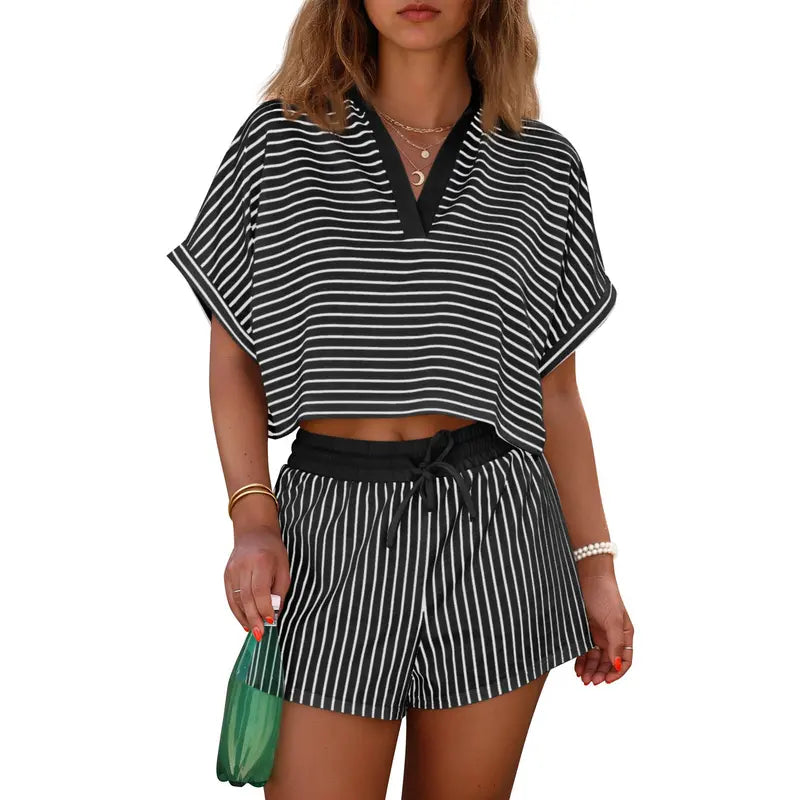 Women's striped two-piece short suit, summer short-sleeved collared V-neck crop top