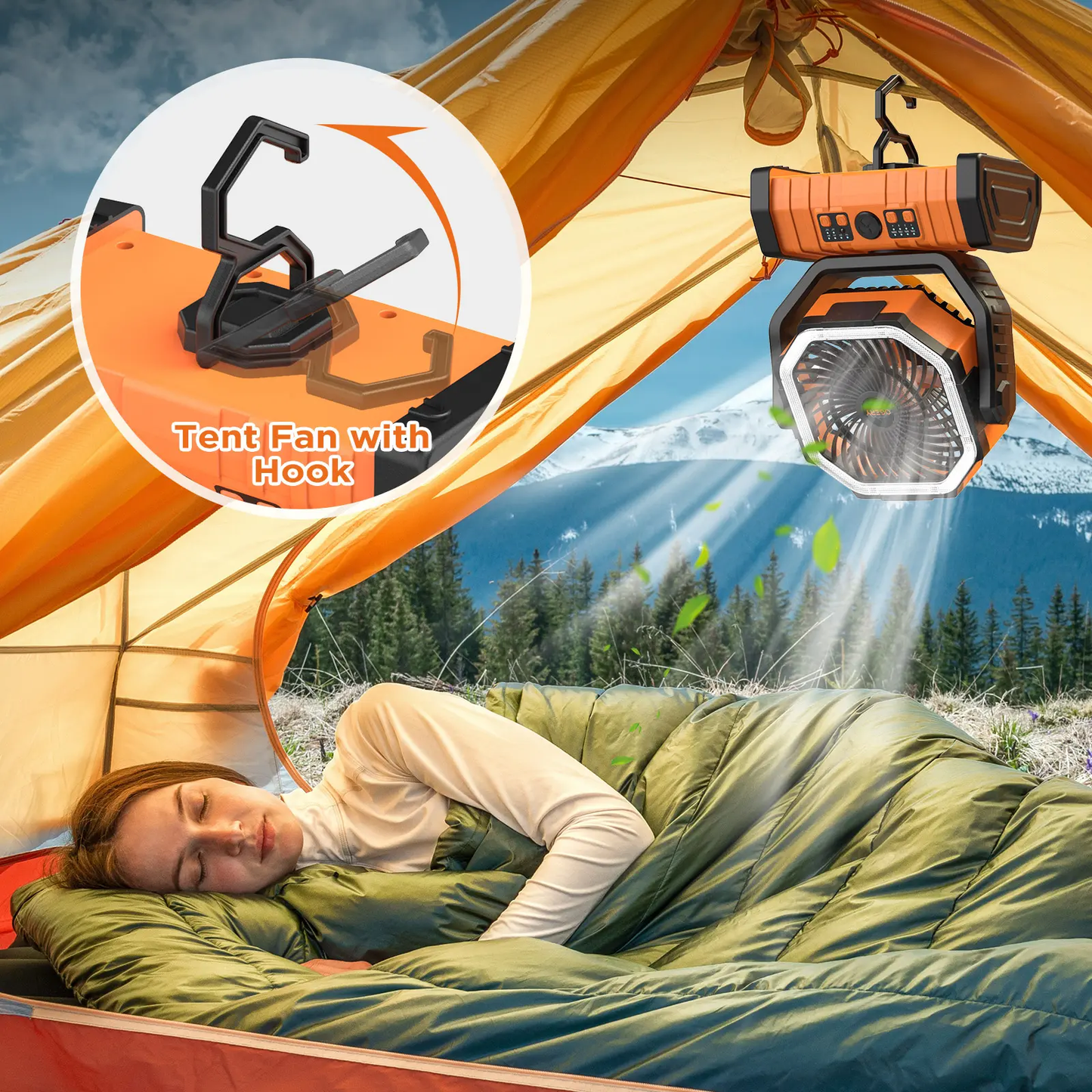 Rechargeable Camping Fan with LED Light & 360° Hanging Hook