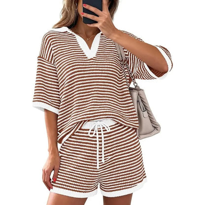 Women’s Striped 2 Piece Lounge Set Short Sleeve V Neck Top Drawstring Shorts Beach Summer Outfits
