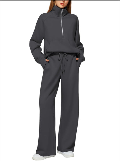 Women's Oversized Half Zip Wide Leg 2 Piece Outfits Lounge Set